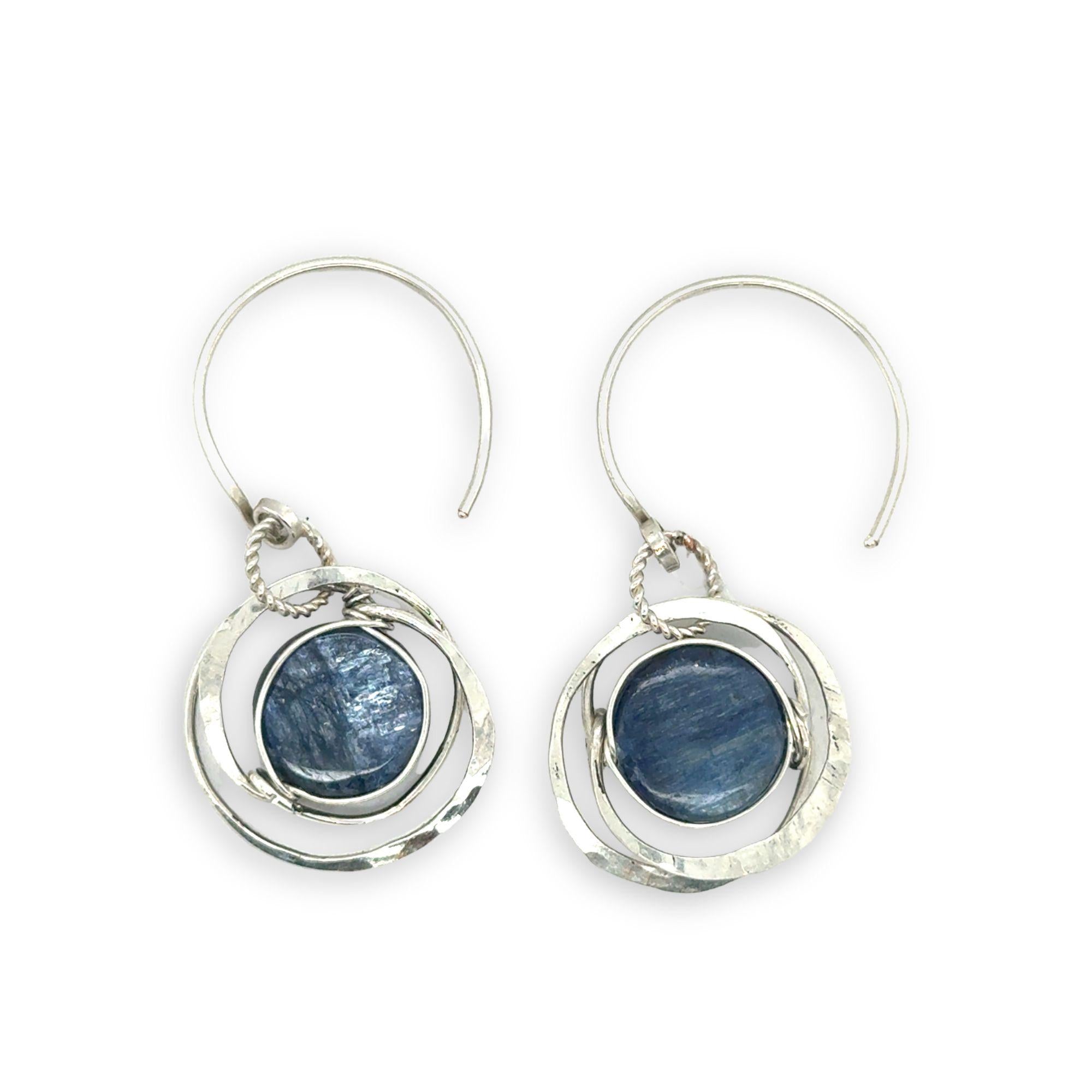 smooth blue kyanite coin gemstone in hammered sterling silver earrings on handmade sterling hoop earring hooks