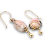 darkened sterling silver braided oval earrings with pink opal and pink quartz gemstones in gold filled wire with gold filled earring hooks