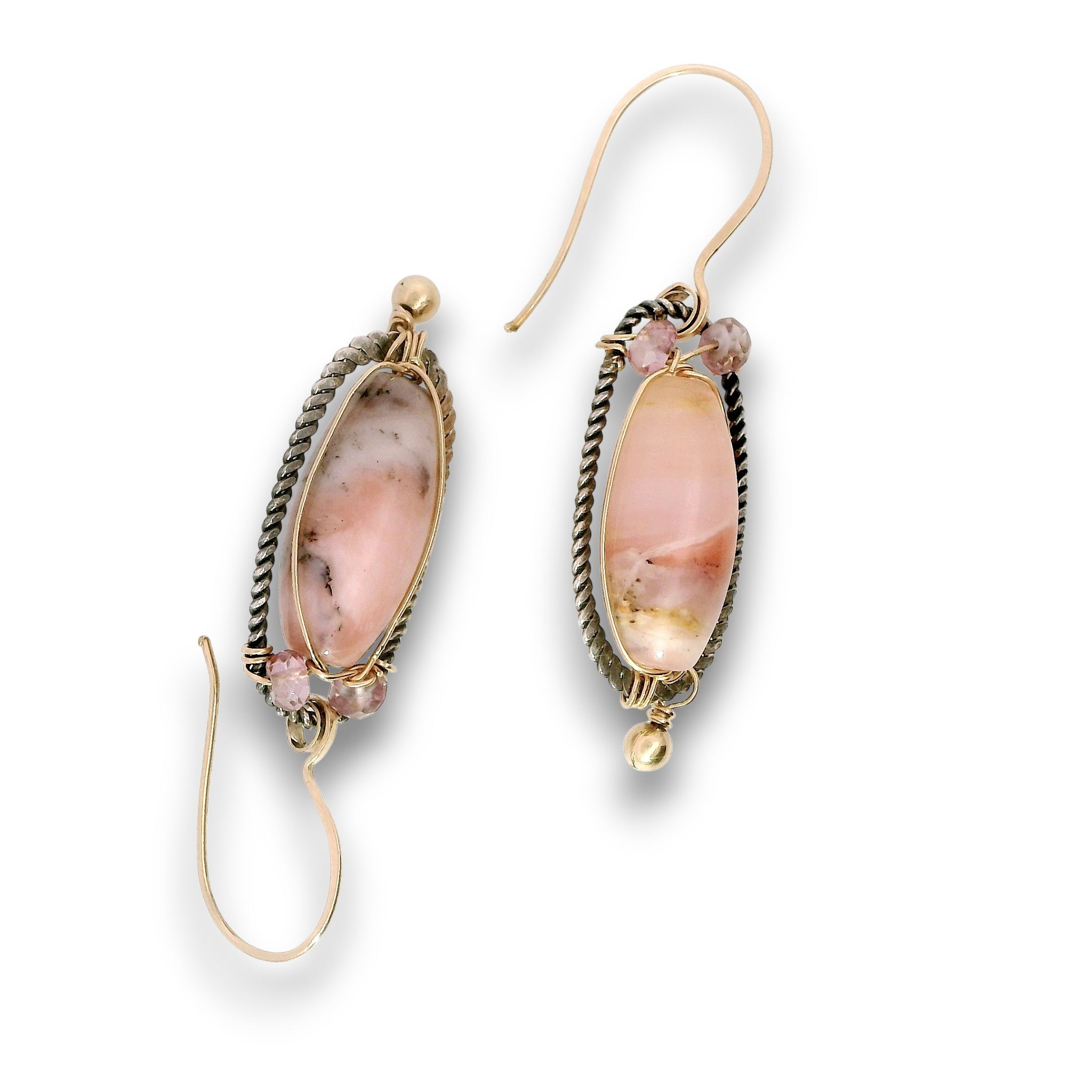 darkened sterling silver braided oval earrings with pink opal and pink quartz gemstones in gold filled wire with gold filled earring hooks
