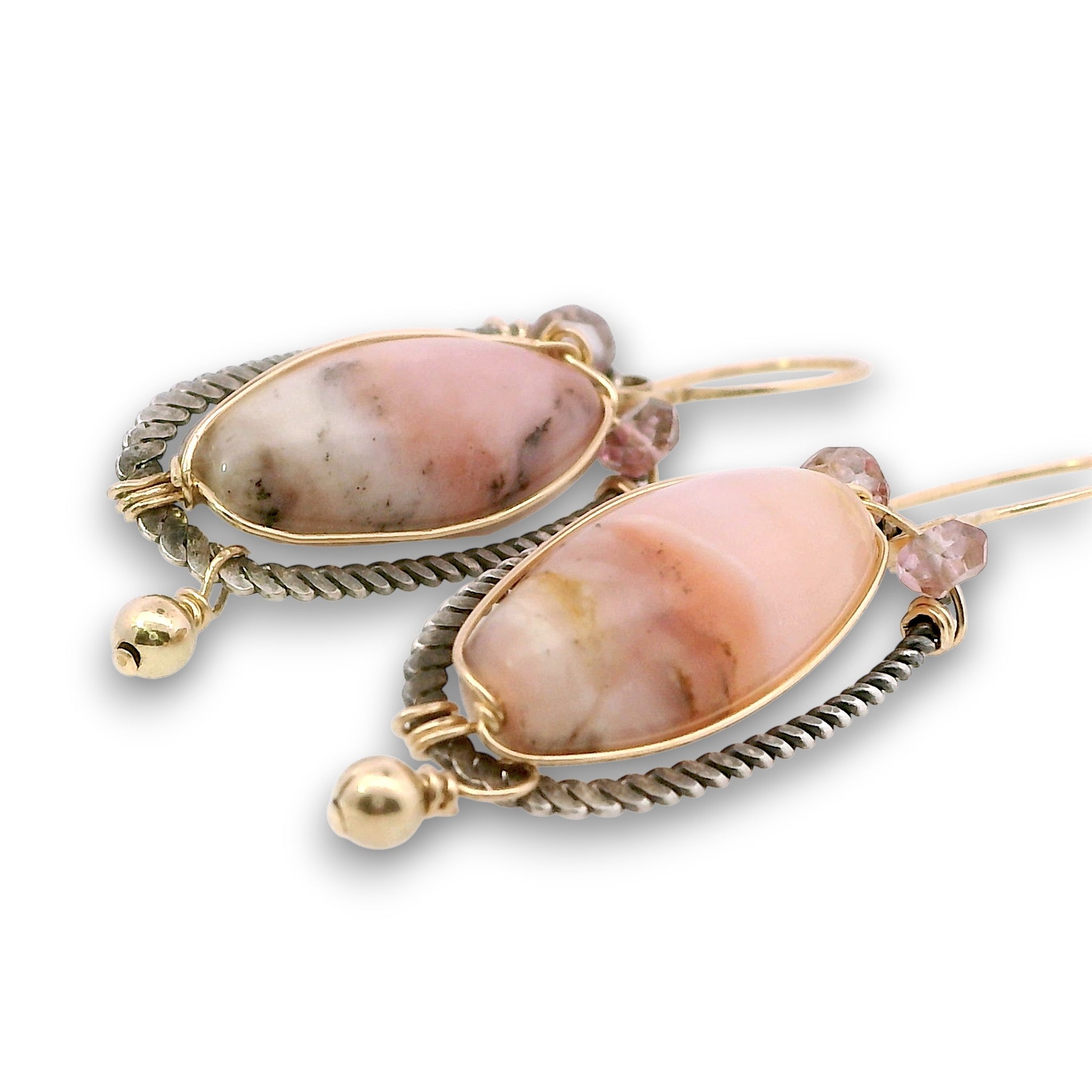 darkened sterling silver braided oval earrings with pink opal and pink quartz gemstones in gold filled wire with gold filled earring hooks