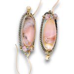 darkened sterling silver braided oval earrings with pink opal and pink quartz gemstones in gold filled wire with gold filled earring hooks