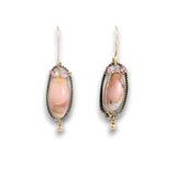 darkened sterling silver braided oval earrings with pink opal and pink quartz gemstones in gold filled wire with gold filled earring hooks