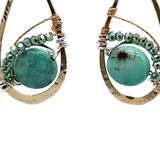 handmade hammered brass drop earrings with sterling silver wrapping chrysoprase and green crystals