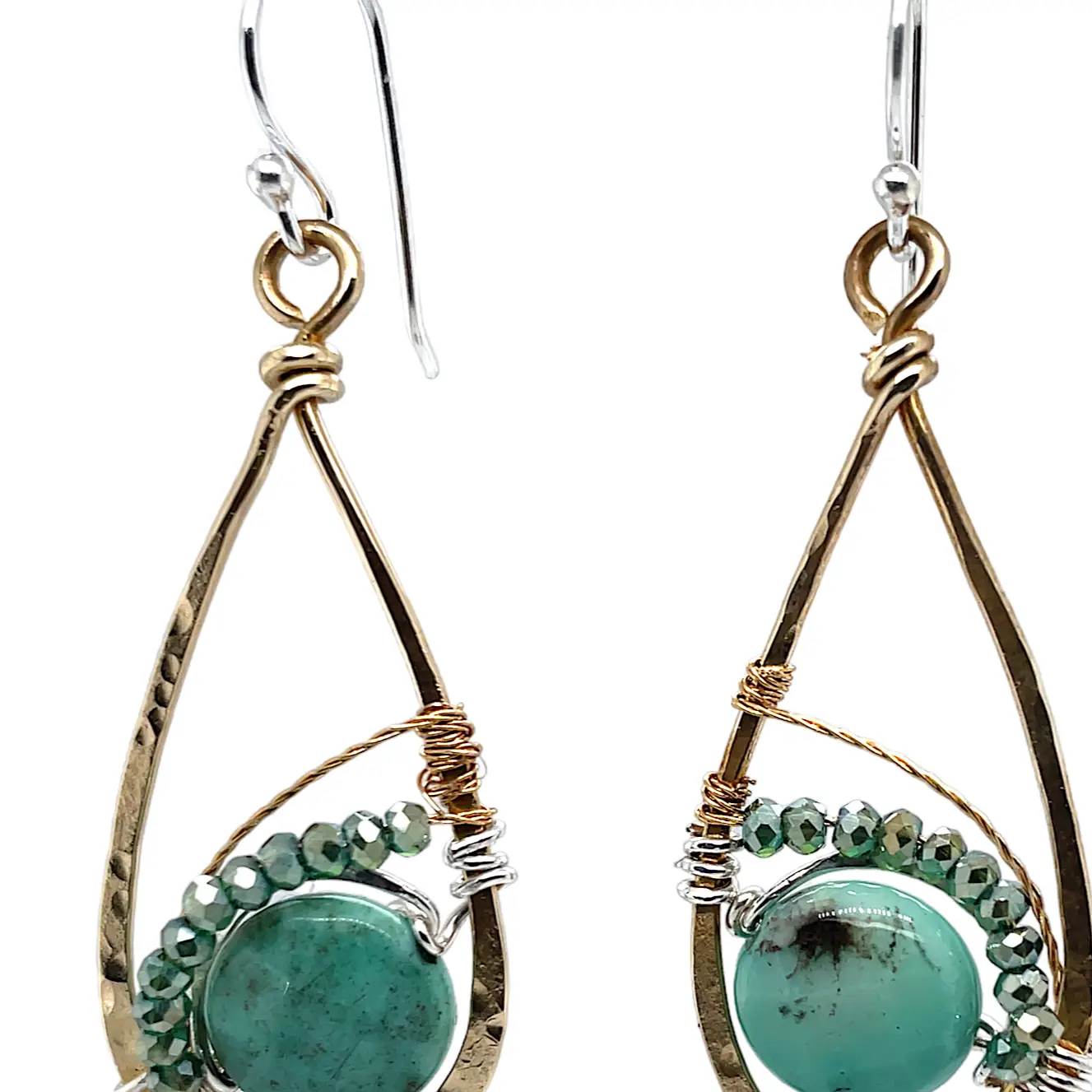 handmade hammered brass drop earrings with sterling silver wrapping chrysoprase and green crystals