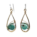 handmade hammered brass drop earrings with sterling silver wrapping chrysoprase and green crystals