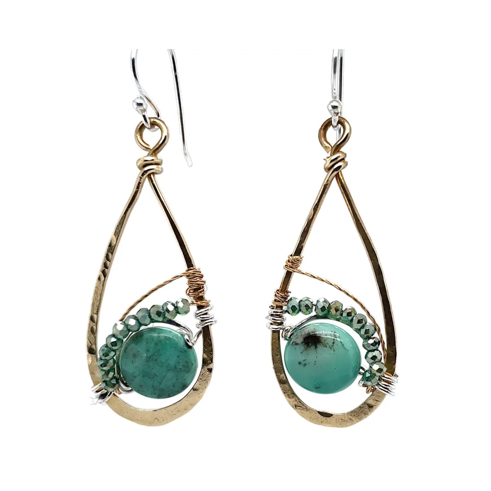 handmade hammered brass drop earrings with sterling silver wrapping chrysoprase and green crystals