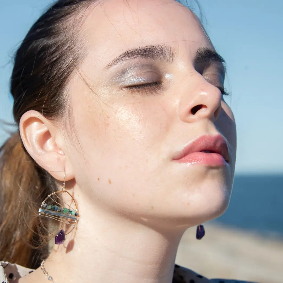 Handmade hammered bronze hoops with amethyst faceted gemstones built in, accented with opal, green amethyst, pyrite, and crystal cubes on sterling silver wire