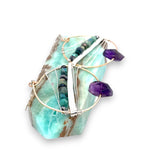 Handmade hammered bronze hoops with amethyst faceted gemstones built in, accented with opal, green amethyst, pyrite, and crystal cubes on sterling silver wire