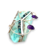 Handmade hammered bronze hoops with amethyst faceted gemstones built in, accented with opal, green amethyst, pyrite, and crystal cubes on sterling silver wire