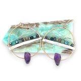 Handmade hammered bronze hoops with amethyst faceted gemstones built in, accented with opal, green amethyst, pyrite, and crystal cubes on sterling silver wire