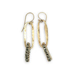 Handmade hammered brass mini oval holding a pyrite loop wrapped in gold filled wire earrings