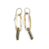 Handmade hammered brass mini oval holding a pyrite loop wrapped in gold filled wire earrings