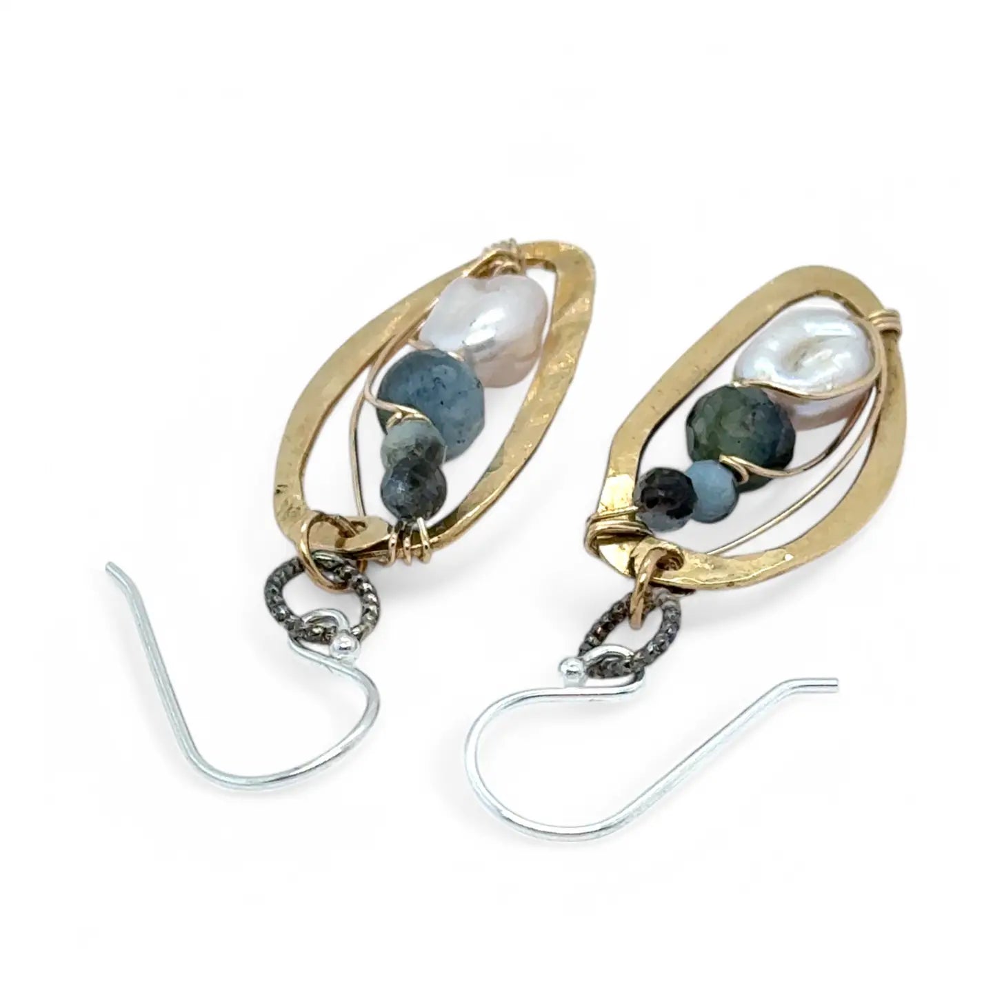 hammered brass mini drop earrings with fresh water pearl and aquamarine gemstones on gold filled wire