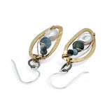 hammered brass mini drop earrings with fresh water pearl and aquamarine gemstones on gold filled wire