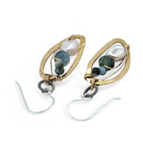 hammered brass mini drop earrings with fresh water pearl and aquamarine gemstones on gold filled wire