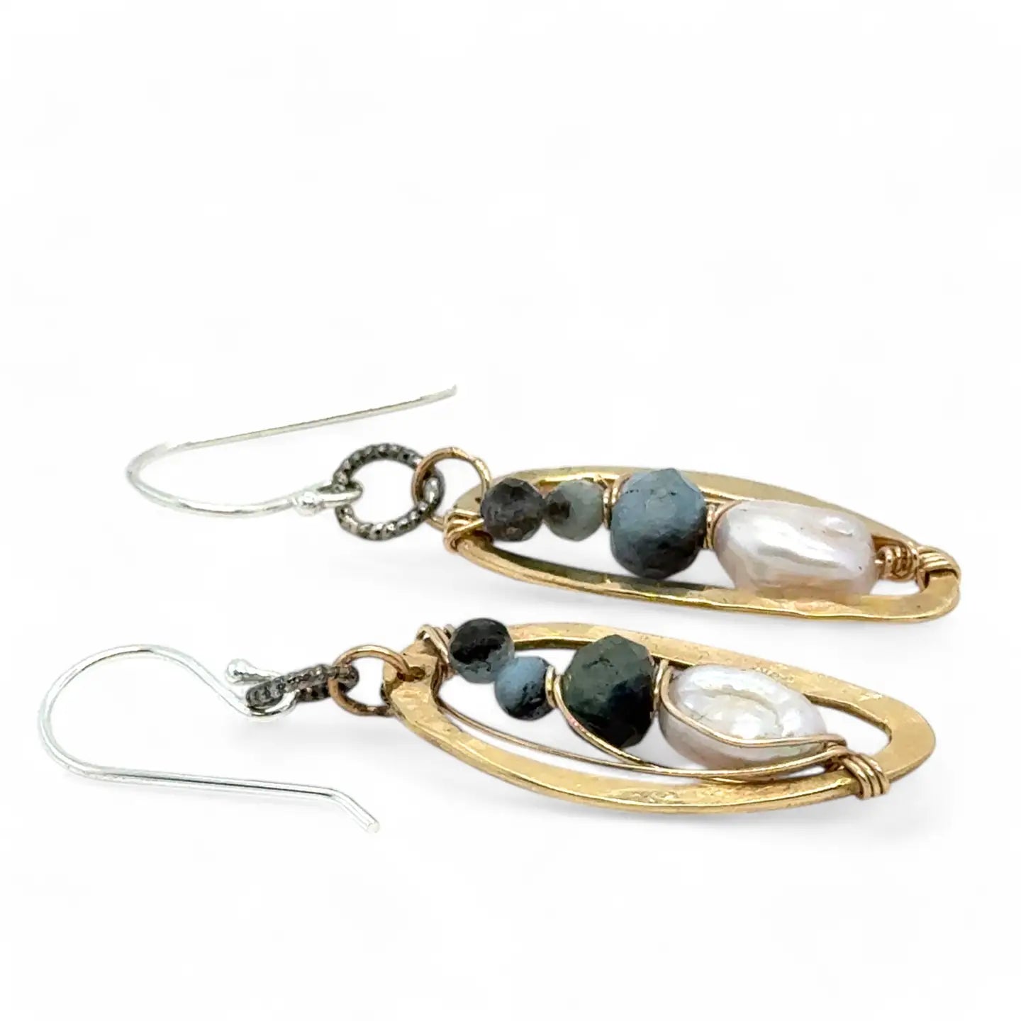 hammered brass mini drop earrings with fresh water pearl and aquamarine gemstones on gold filled wire