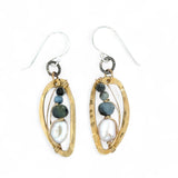 hammered brass mini drop earrings with fresh water pearl and aquamarine gemstones on gold filled wire