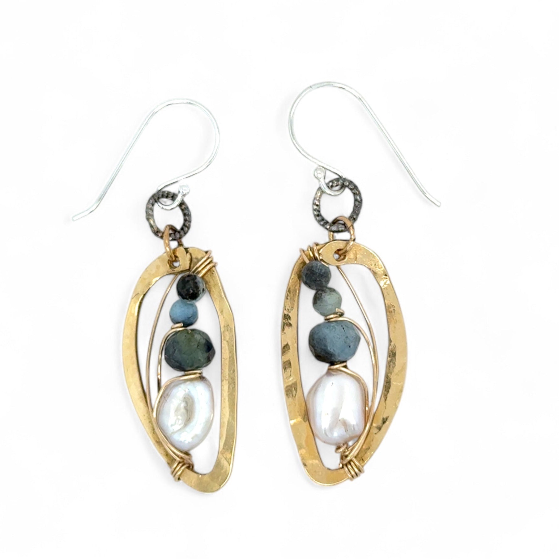 hammered brass mini drop earrings with fresh water pearl and aquamarine gemstones on gold filled wire