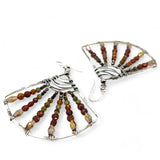 A pair of sterling silver fan earrings with micro faceted hessonite garnet gemstones and crystal