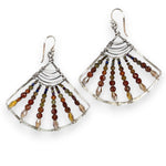 A pair of sterling silver fan earrings with micro faceted hessonite garnet gemstones and crystal