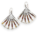 A pair of sterling silver fan earrings with micro faceted hessonite garnet gemstones and crystal