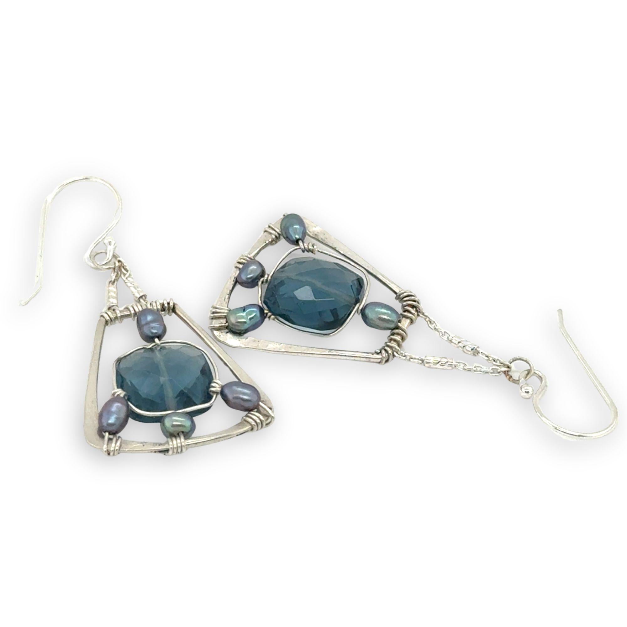 London blue quartz faceted tiles suspended in blue fresh water pearls inside a sterling silver hammered trapezoid earrings