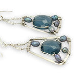 London blue quartz faceted tiles suspended in blue fresh water pearls inside a sterling silver hammered trapezoid earrings
