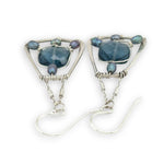 London blue quartz faceted tiles suspended in blue fresh water pearls inside a sterling silver hammered trapezoid earrings