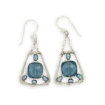 London blue quartz faceted tiles suspended in blue fresh water pearls inside a sterling silver hammered trapezoid earrings