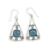London blue quartz faceted tiles suspended in blue fresh water pearls inside a sterling silver hammered trapezoid earrings