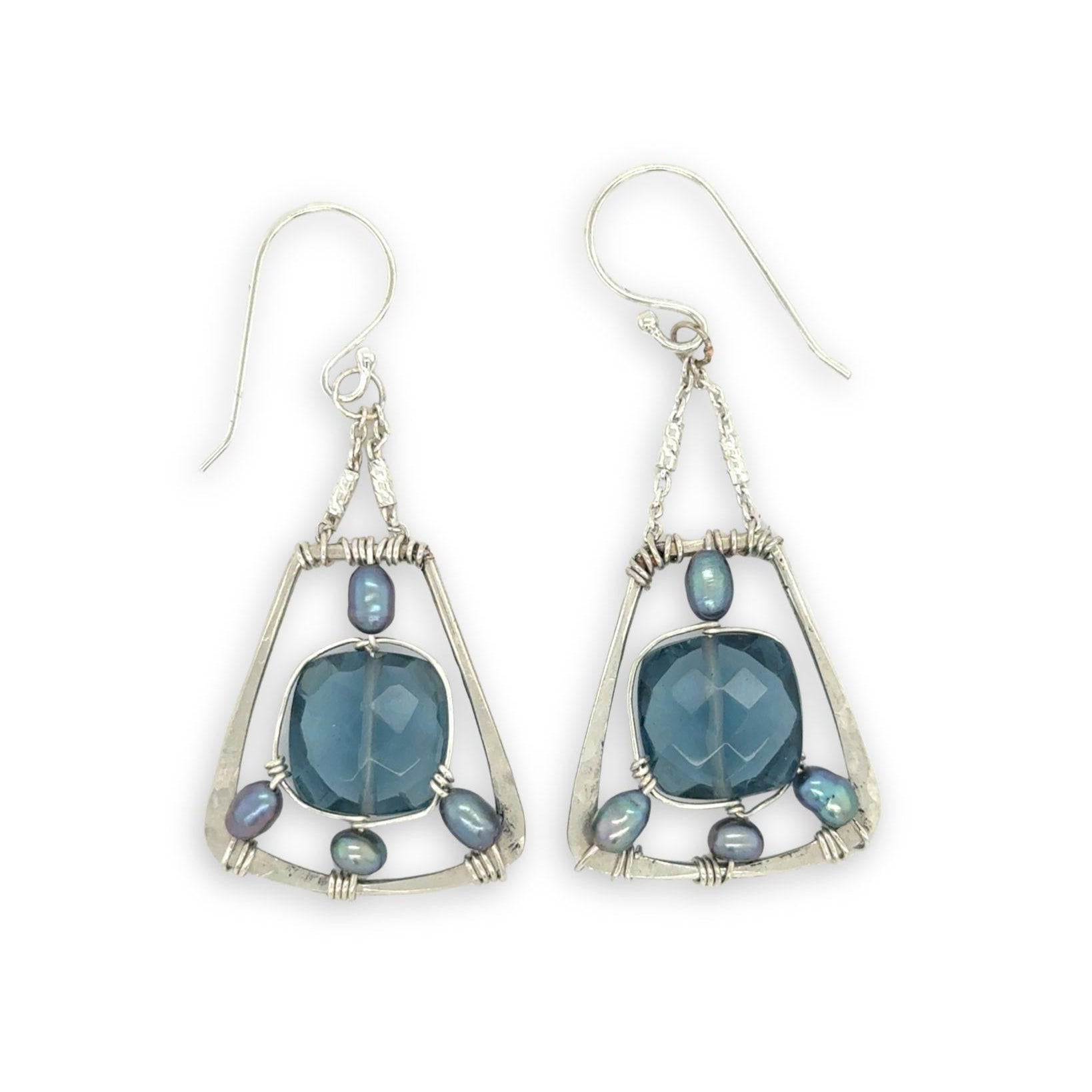 London blue quartz faceted tiles suspended in blue fresh water pearls inside a sterling silver hammered trapezoid earrings