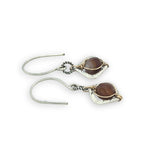 Pair of tiny sterling silver square earrings with brown striped agate coin gemstones on our handmade sterling silver hooks