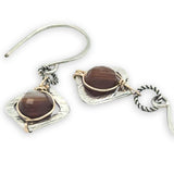 Pair of tiny sterling silver square earrings with brown striped agate coin gemstones on our handmade sterling silver hooks