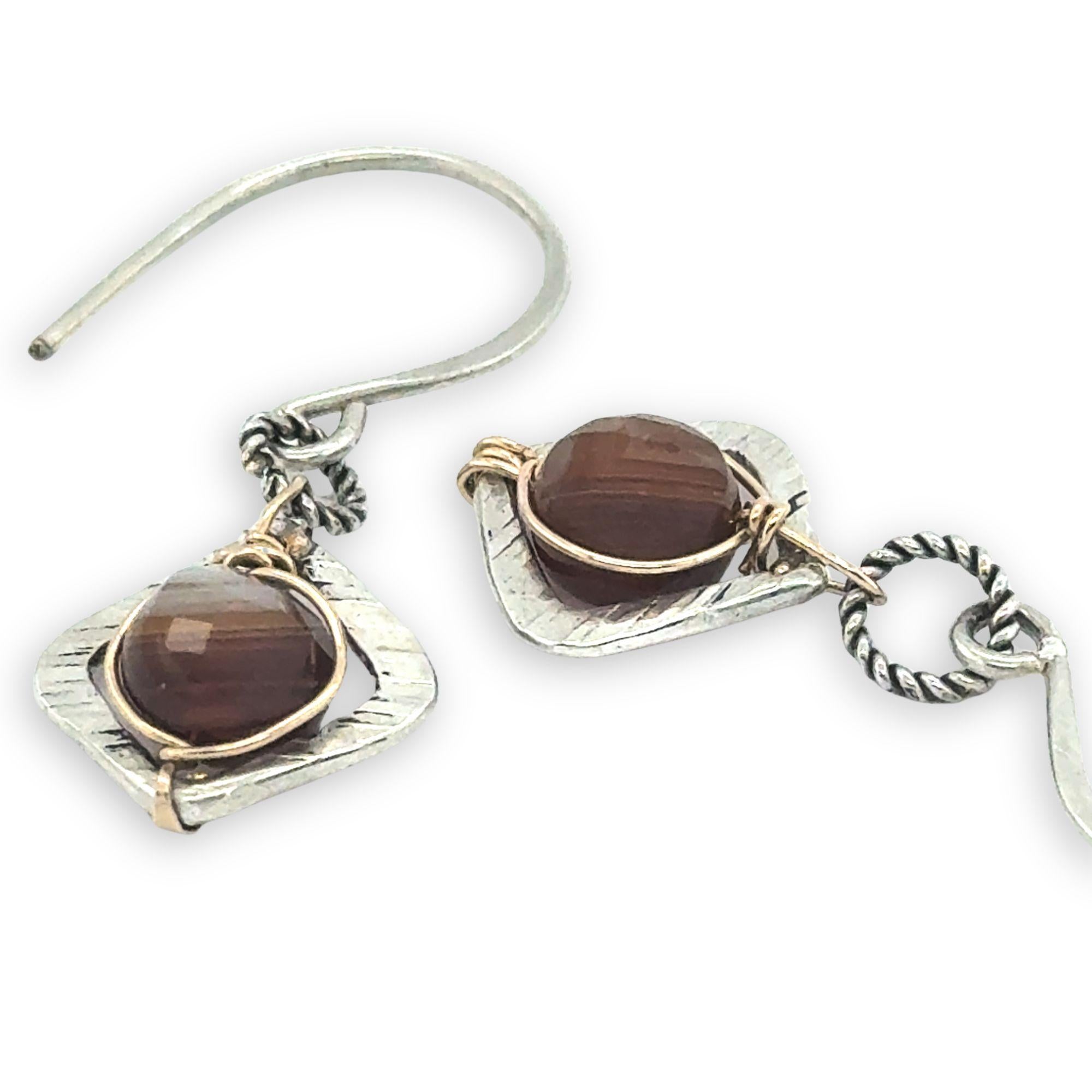 Pair of tiny sterling silver square earrings with brown striped agate coin gemstones on our handmade sterling silver hooks
