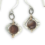 Pair of tiny sterling silver square earrings with brown striped agate coin gemstones on our handmade sterling silver hooks