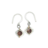 Pair of tiny sterling silver square earrings with brown striped agate coin gemstones on our handmade sterling silver hooks