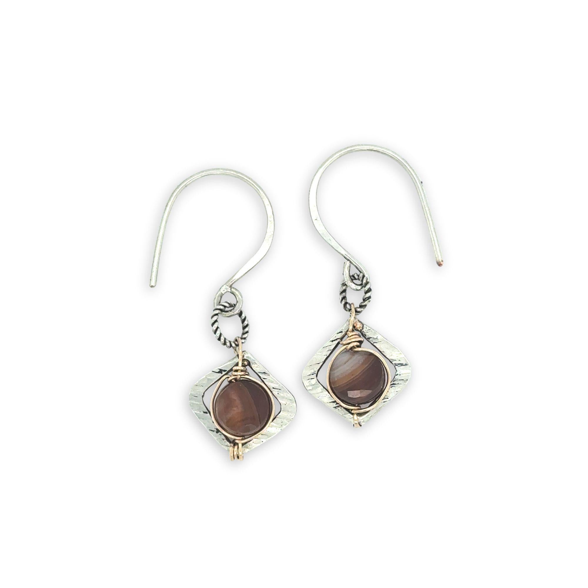 Pair of tiny sterling silver square earrings with brown striped agate coin gemstones on our handmade sterling silver hooks