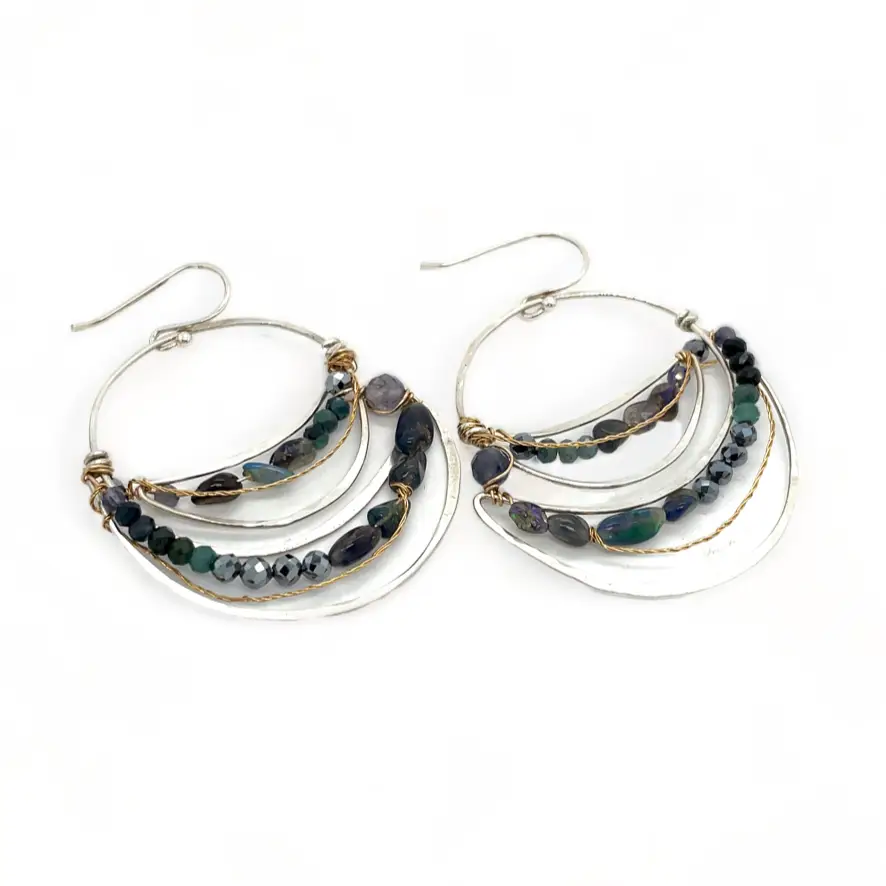 light, sparkly sterling silver hand formed channel hoop earrings with blue opals, blue tourmaline, iolite and pyrite gemstones accented with brass twist wire