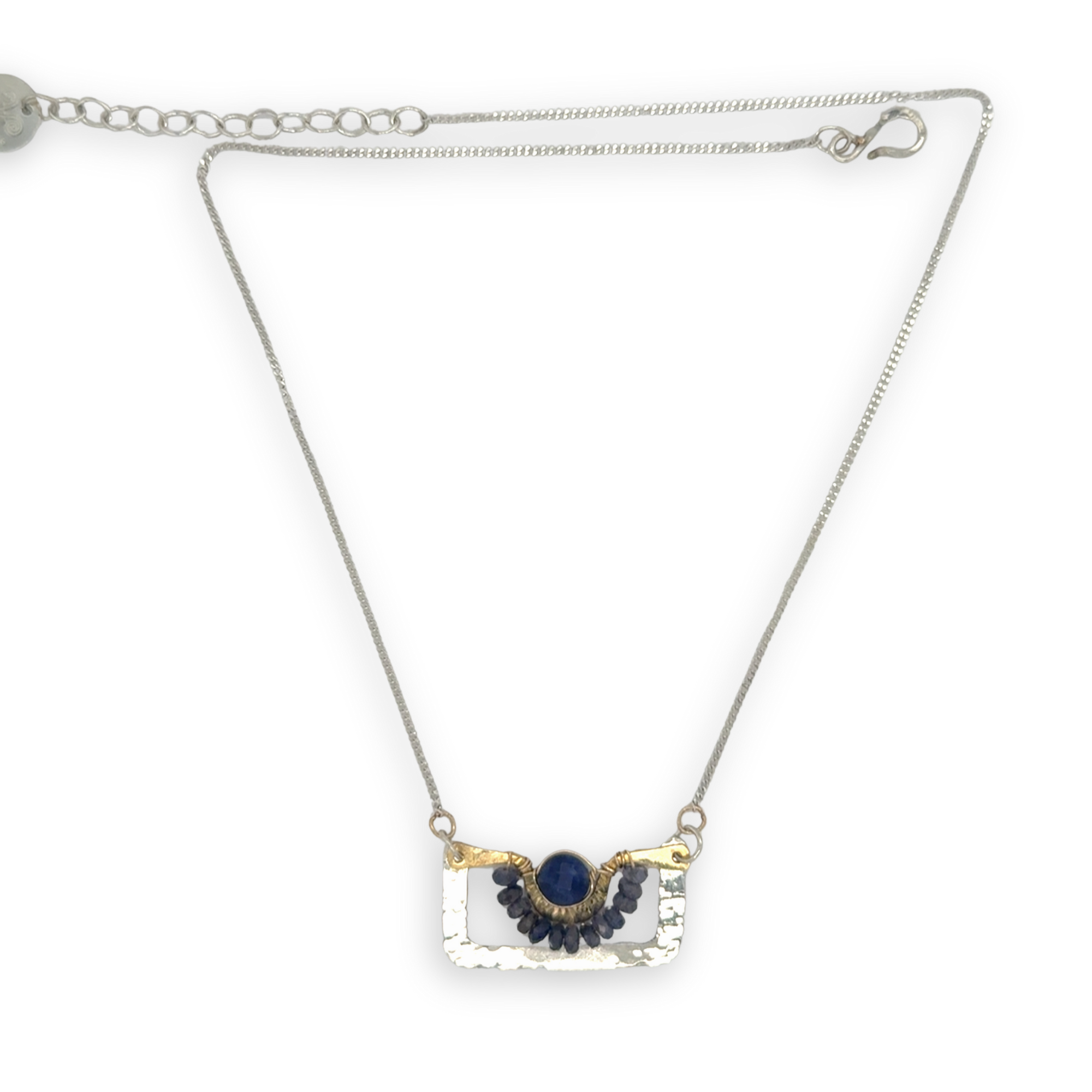 Hammered sterling silver and brass box pendant with iolite and sodalite coin faceted gemstone accents on a sterling silver delicate chain necklace