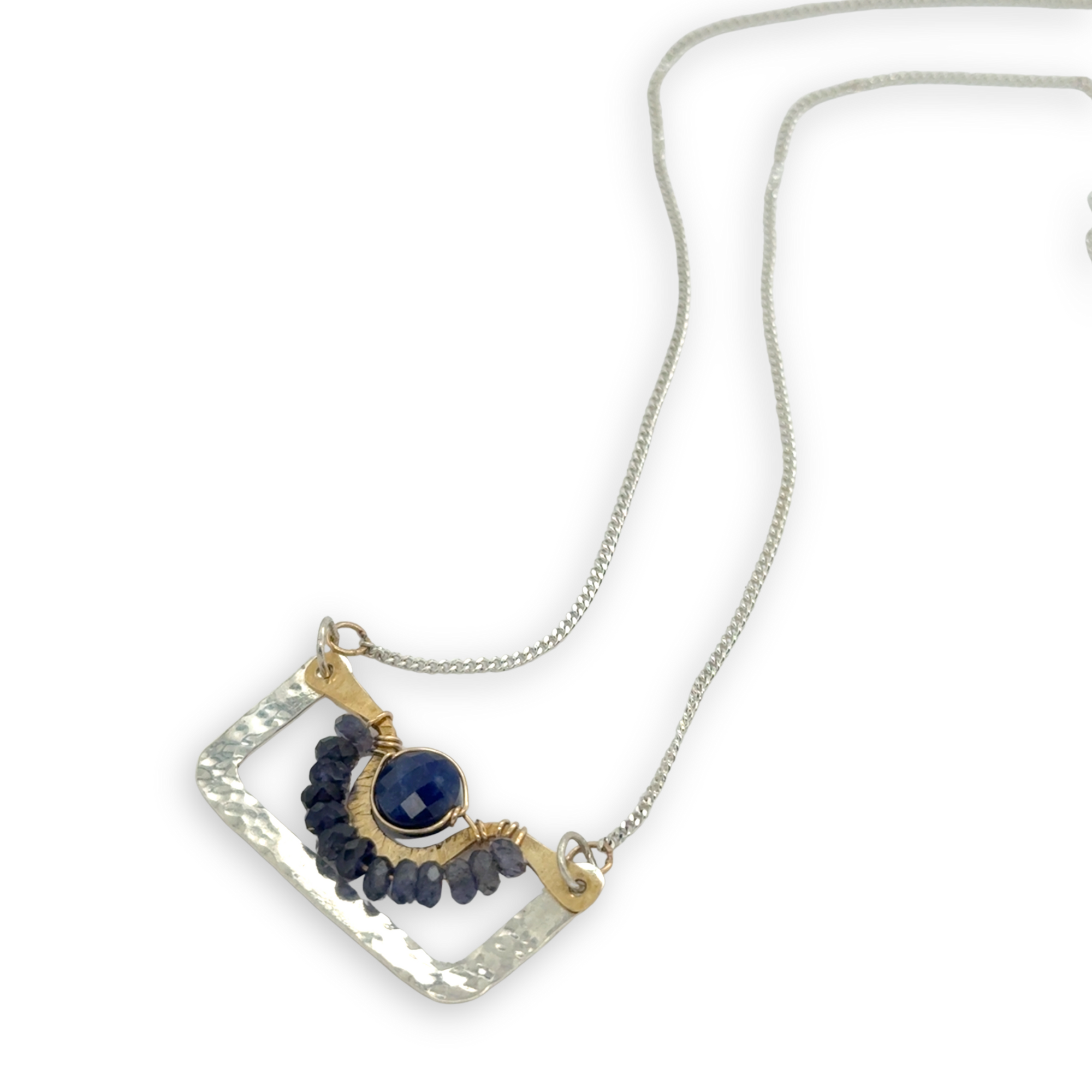 Hammered sterling silver and brass box pendant with iolite and sodalite coin faceted gemstone accents on a sterling silver delicate chain necklace