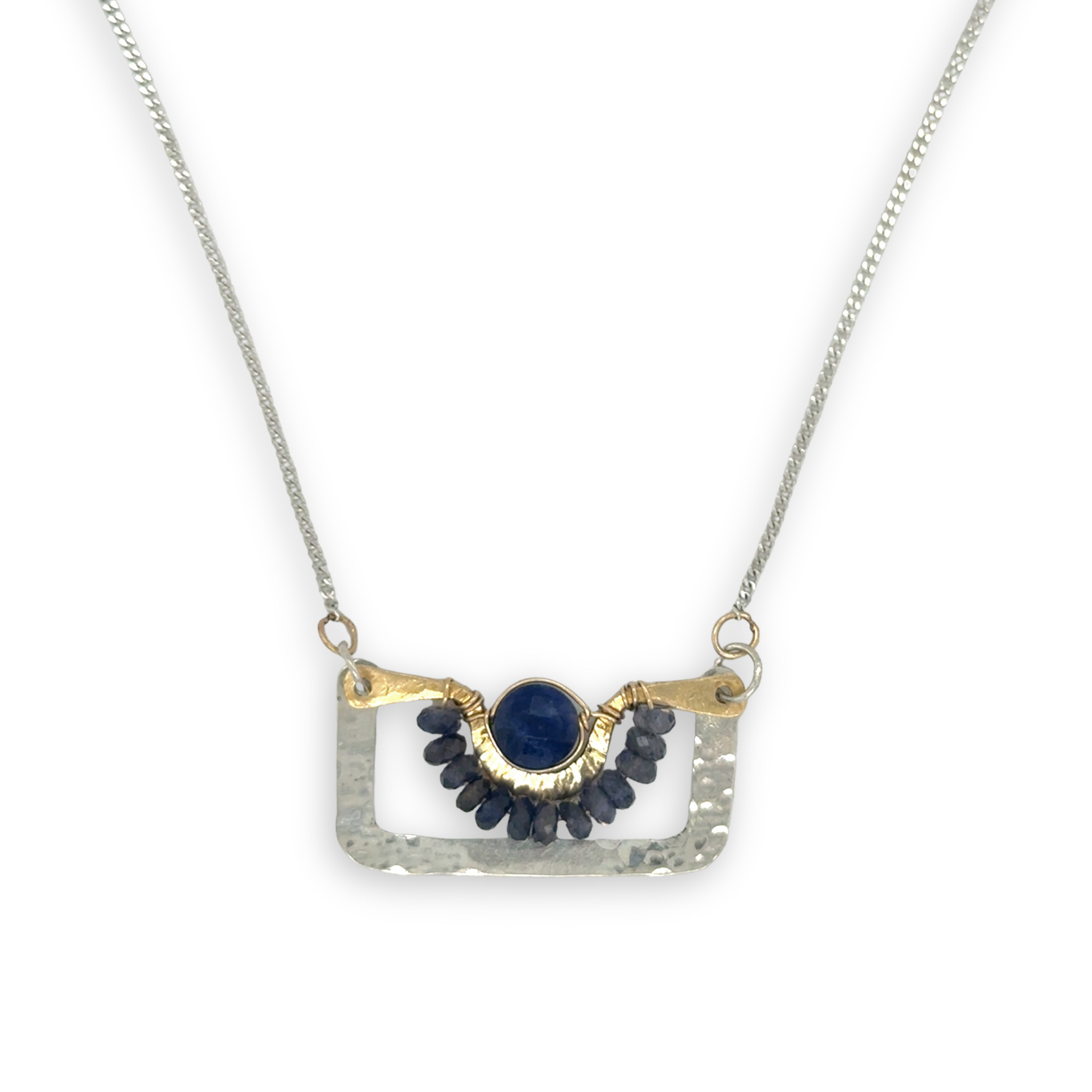 Hammered sterling silver and brass box pendant with iolite and sodalite coin faceted gemstone accents on a sterling silver delicate chain necklace