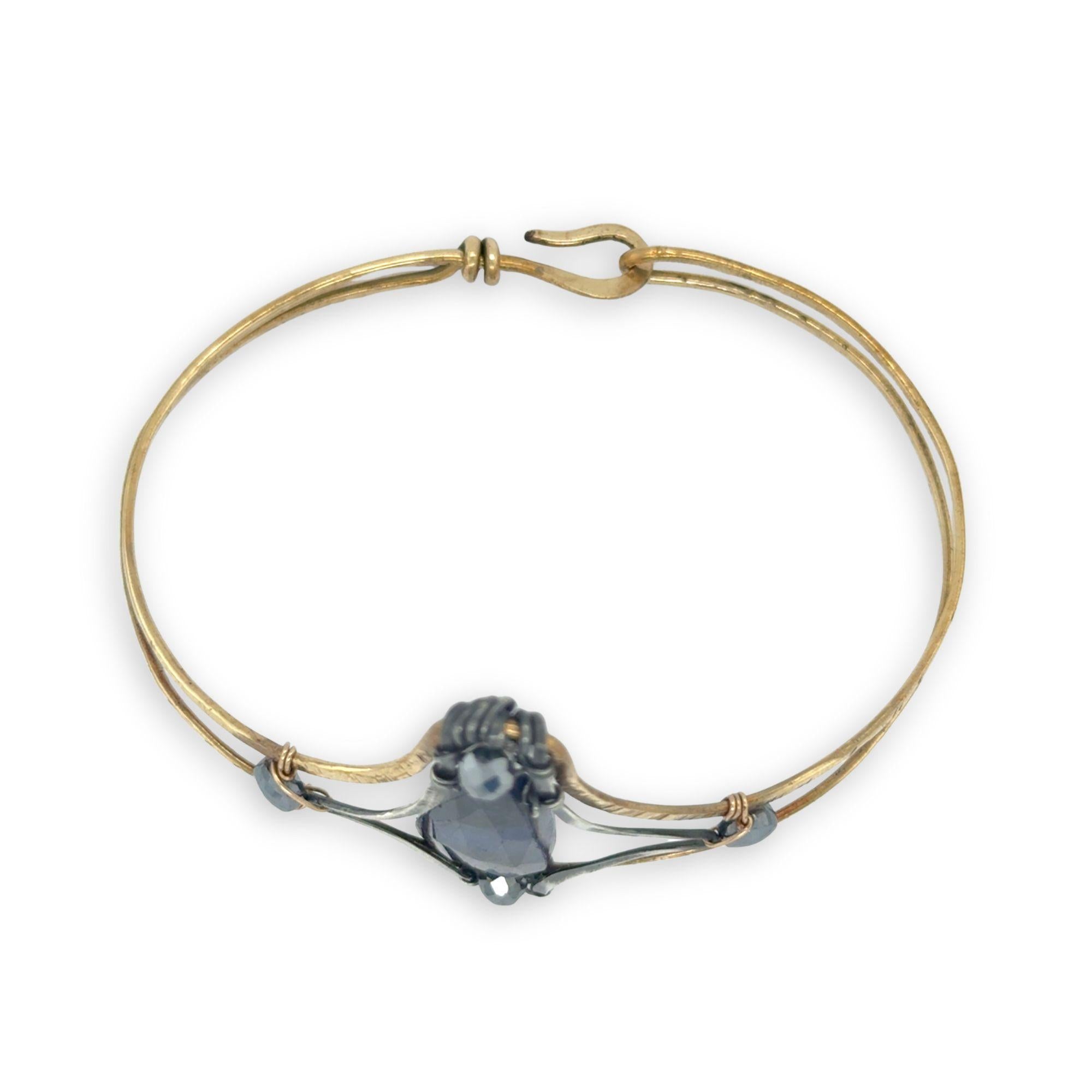 Brass statement cuff bracelet with large sodalite teardrop gemstone with pyrite accents