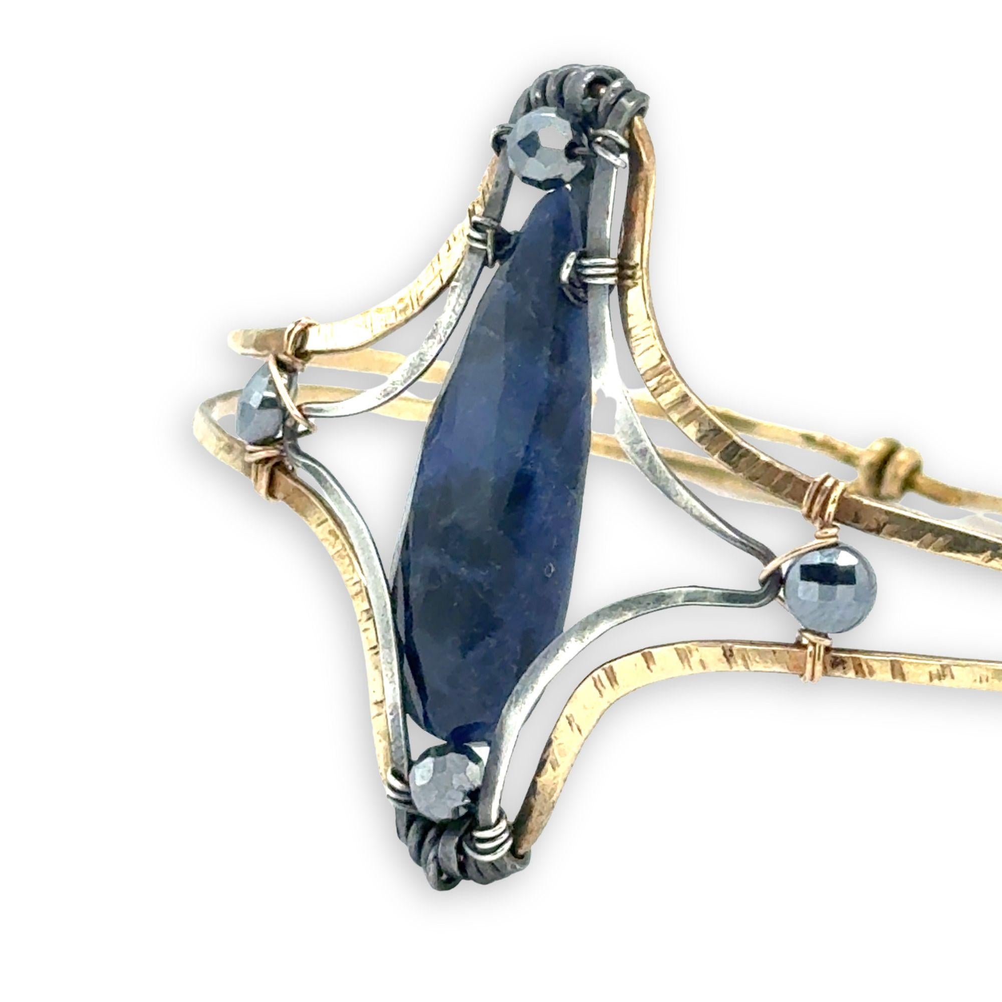 Brass statement cuff bracelet with large sodalite teardrop gemstone with pyrite accents