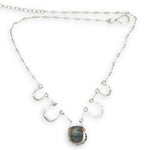 5 sterling silver hammered cups necklace with a singular flashy labradorite cabochon on sterling silver bar chain