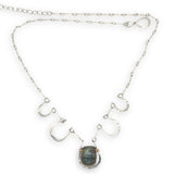 5 sterling silver hammered cups necklace with a singular flashy labradorite cabochon on sterling silver bar chain