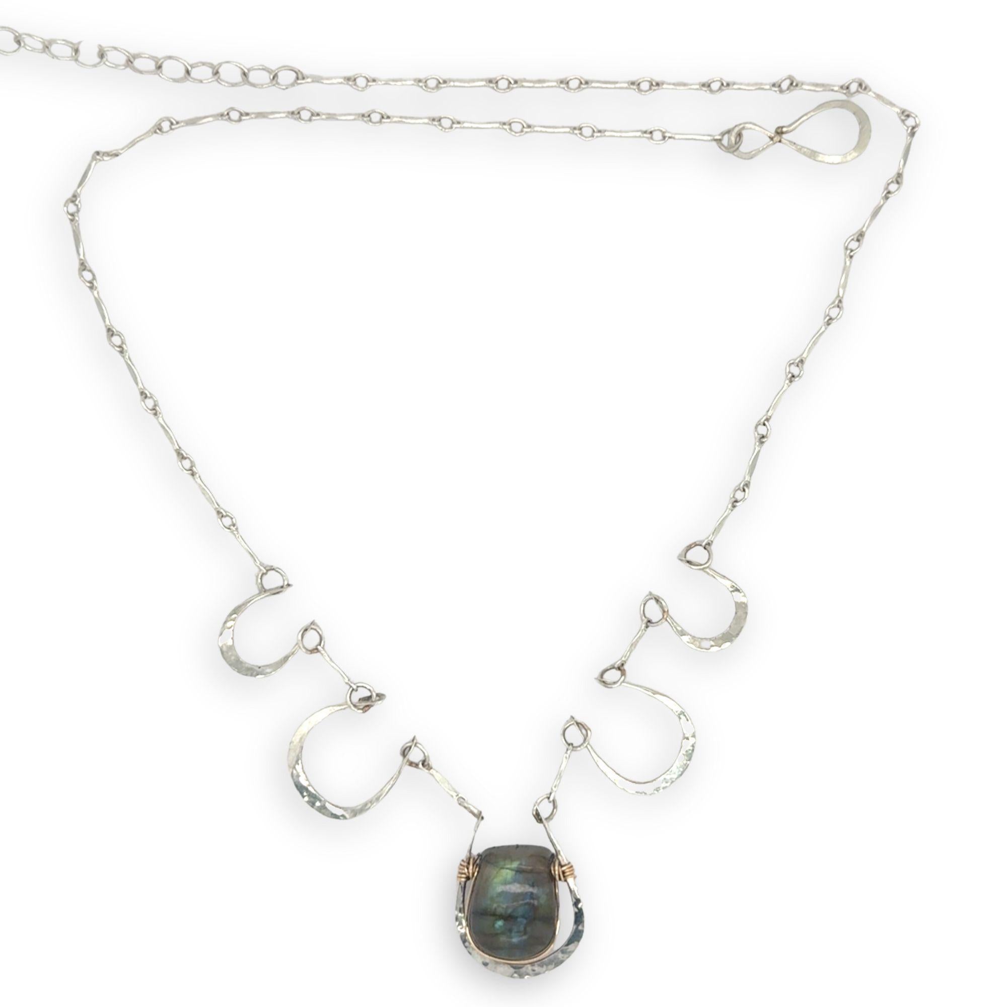 5 sterling silver hammered cups necklace with a singular flashy labradorite cabochon on sterling silver bar chain