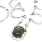 5 sterling silver hammered cups necklace with a singular flashy labradorite cabochon on sterling silver bar chain