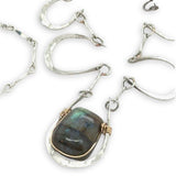 5 sterling silver hammered cups necklace with a singular flashy labradorite cabochon on sterling silver bar chain