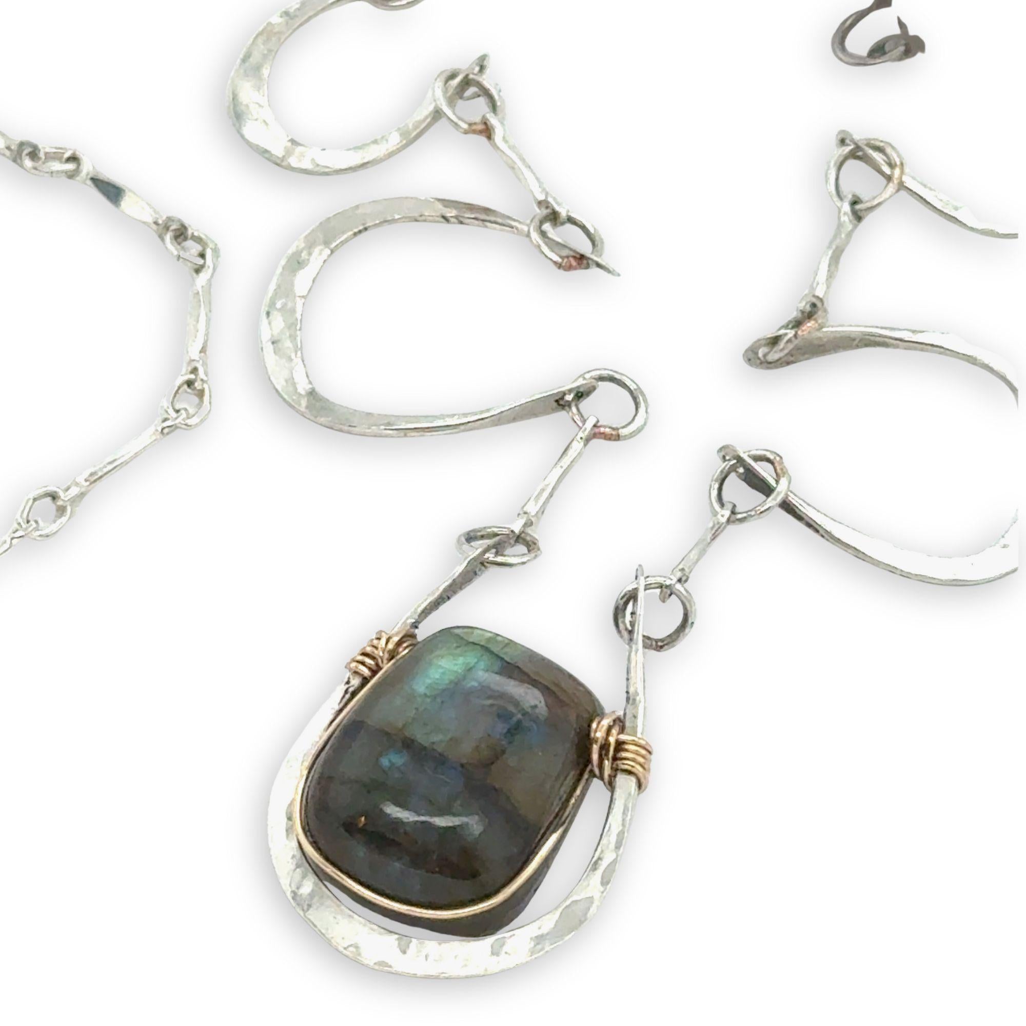 5 sterling silver hammered cups necklace with a singular flashy labradorite cabochon on sterling silver bar chain