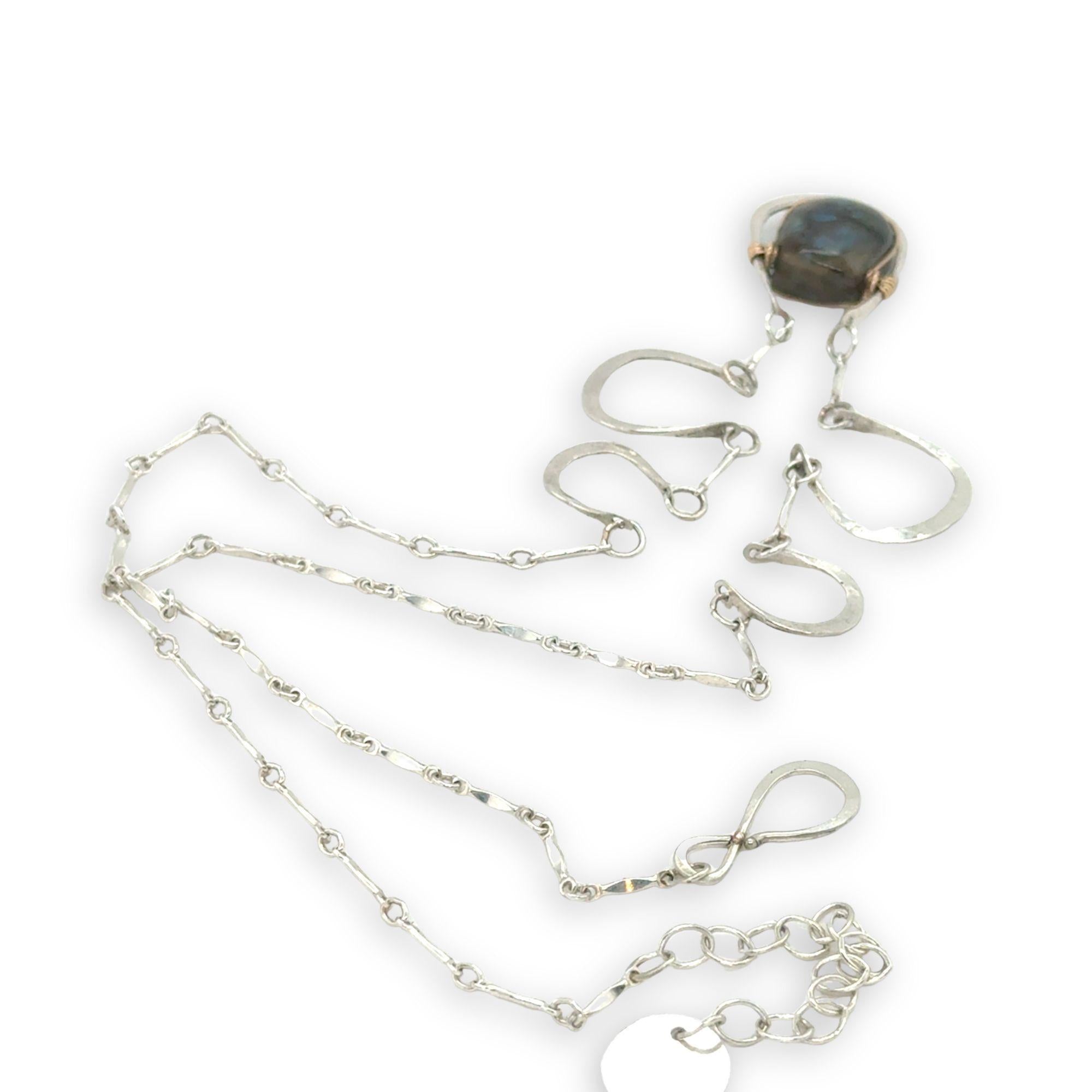 5 sterling silver hammered cups necklace with a singular flashy labradorite cabochon on sterling silver bar chain